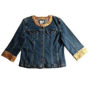 Live a Little Women's Gold Brocade 3/4 Sleeve Jean Jacket L Large